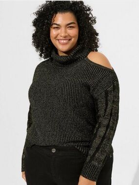 Torrid - Lurex Cable Pullover Cold Shoulder Turtle Neck Sweater